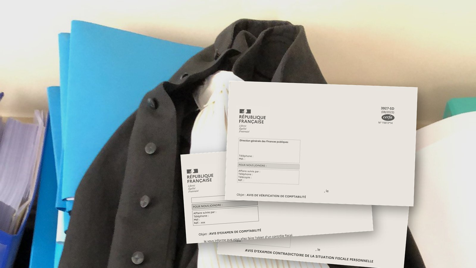 Avis de vérification, d'examen de comptabilité et d'examen de situation fiscale personnelle posés sur une robe d'avocat