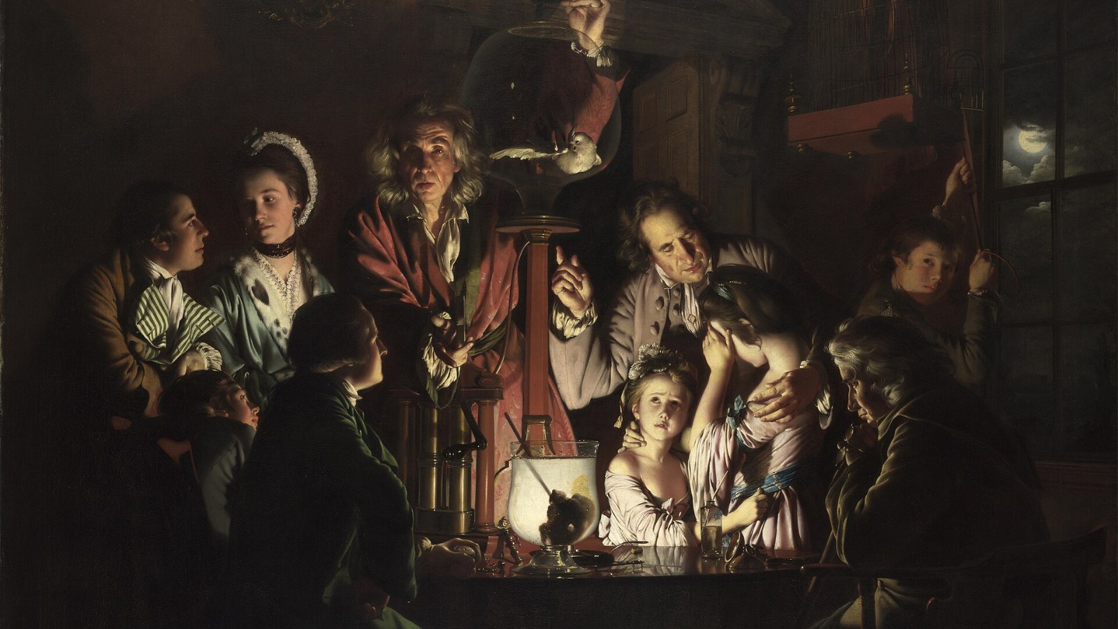 Joseph Wright of Derby, L'Expérience de la pompe à air : un savant fait une démonstration devant un public